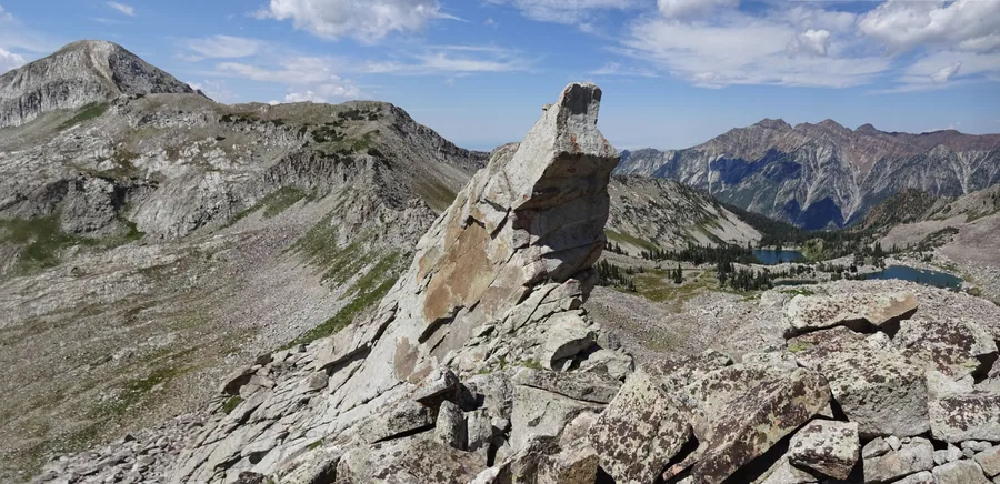 A granite ridgeline high in Little Cottonwood Canyon with the valley far below.