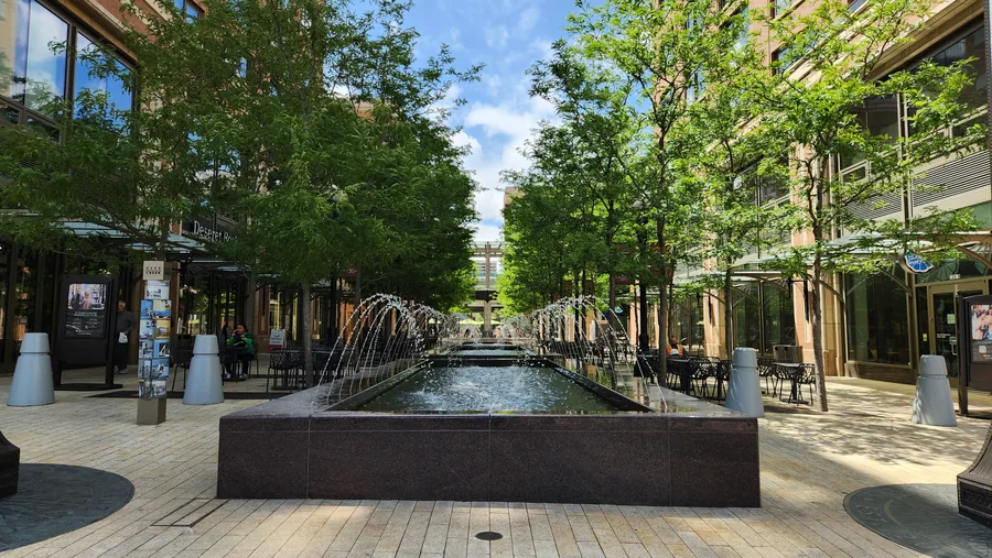 The restored City Creek stream running between shops at City Creek Center, downtown Salt Lake City