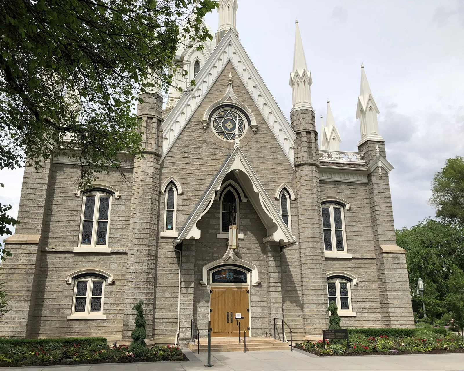 The Assembly Hall on Temple Square, the ten acres from which every address in the valley is measured.