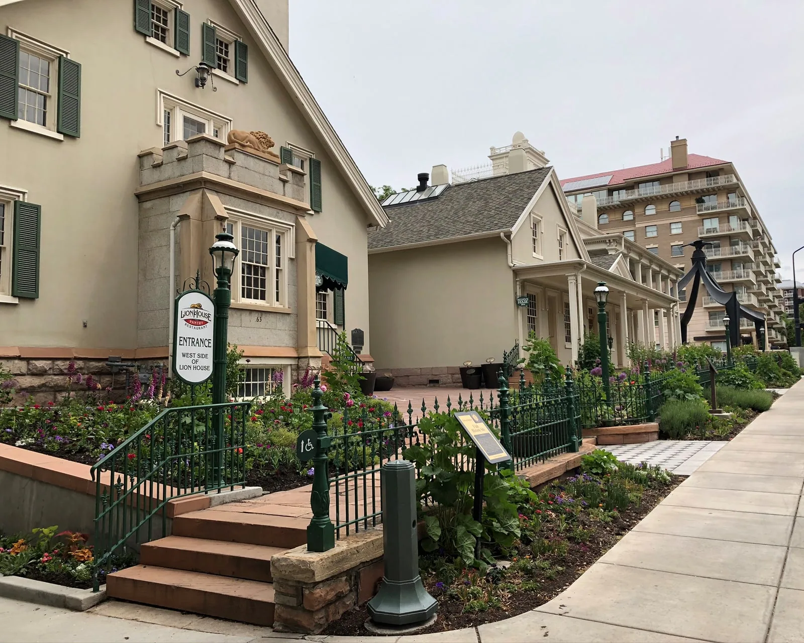 Brigham Young's Lion House and Beehive House standing side by side on South Temple Street.