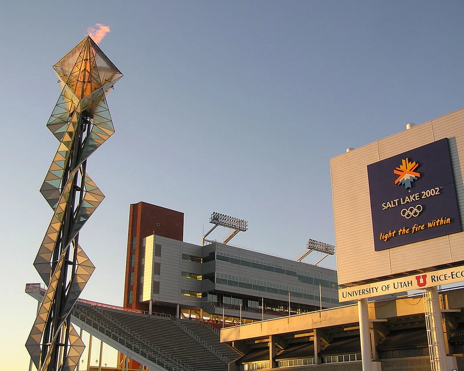The cauldron that burned through the 2002 Winter Games, standing beside Rice-Eccles Stadium.