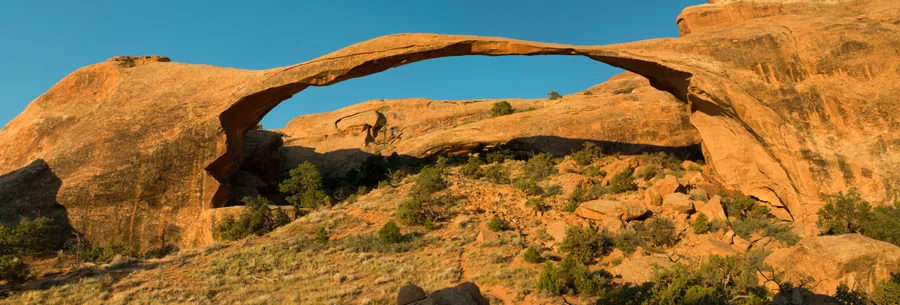 Landscape Arch, a 290-foot ribbon of stone spanning the head of Devils Garden.