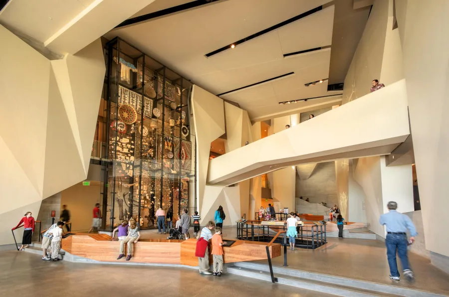 The multi-level atrium of the Natural History Museum of Utah at the Rio Tinto Center