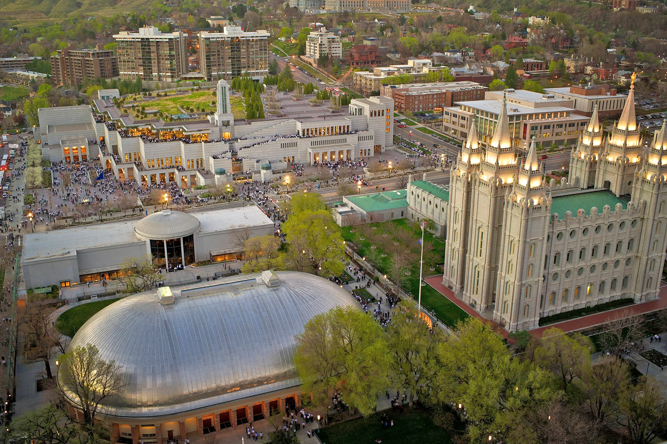 The spires of the Salt Lake Temple rising over Temple Square in downtown Salt Lake City
