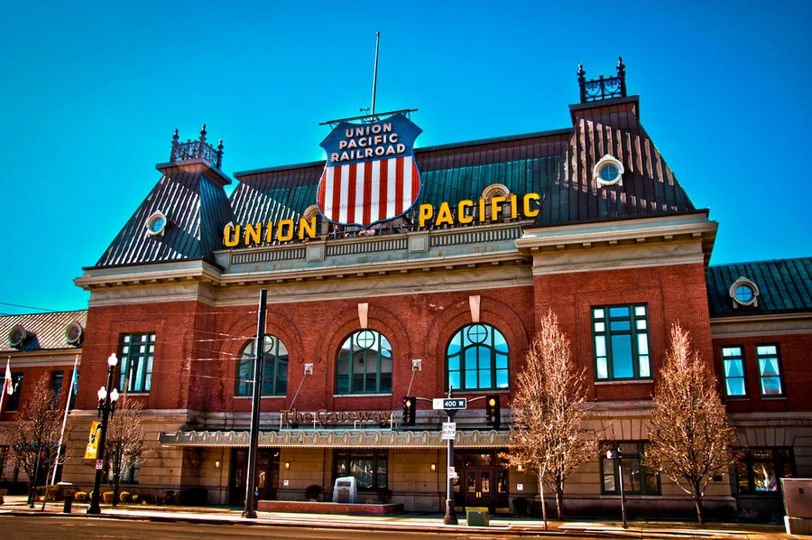 The red brick and sandstone facade of the Union Pacific Depot in downtown Salt Lake City