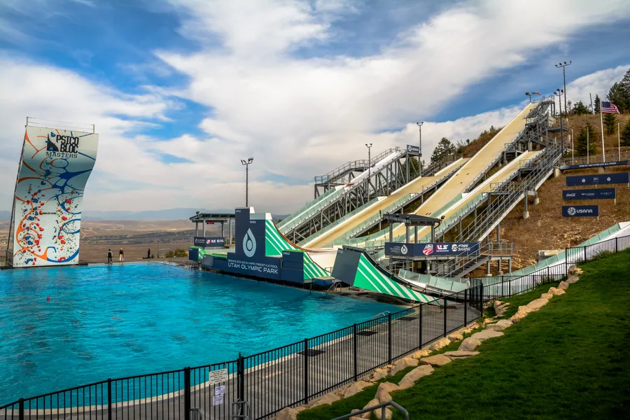 The freestyle aerials training pool at Utah Olympic Park, with the water ramps that jumpers land into through the summer.