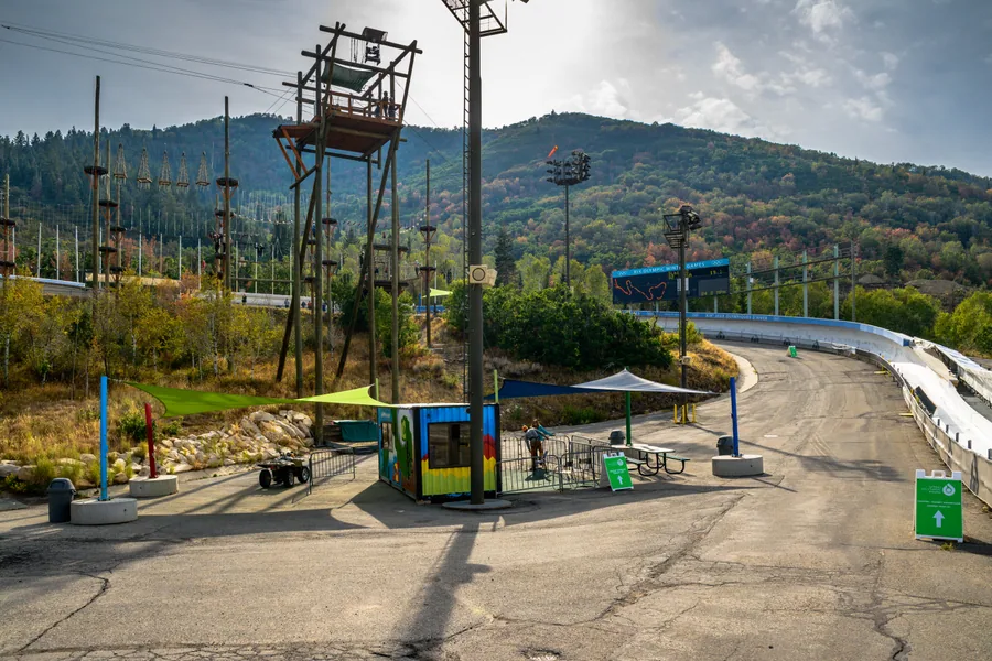 A chairlift tower above the parking area at Utah Olympic Park, the arrival point for the 2002 Winter Olympic venue.