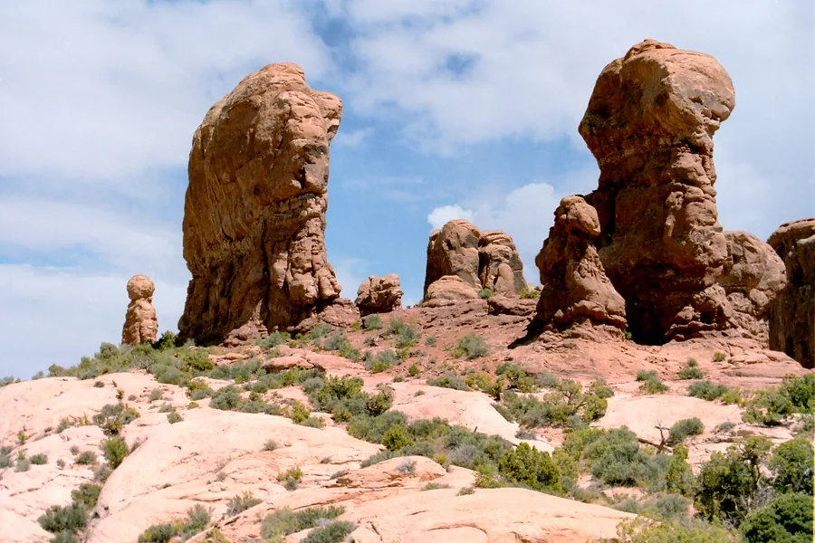 The rock towers of the Windows Section under a clear desert sky.